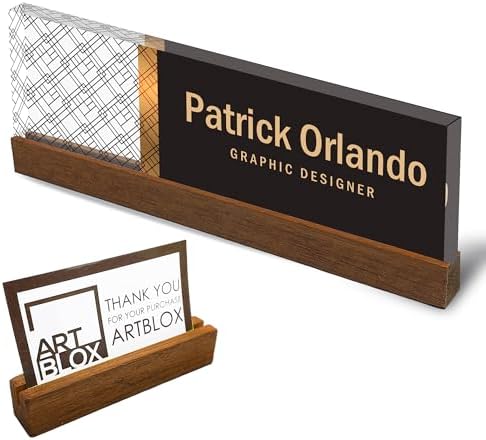 Artblox Personalized Office Desk Name Plate and Business Card Holder | Clear Acrylic Glass with Teak Wood Stand | Abstract Net Design Customized with Your Name and Credentials Office Desk Décor by Artblox
