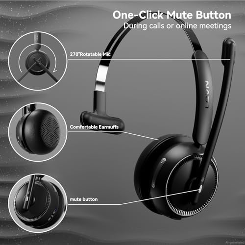 LEVN Wireless Headset5.2 for CallCenter,BluetoothHeadphones with Mic for Work(Noise Cancelling|65HWoktime&Mute Button|Wireless Headset for WorkfromHome/Office/PC/Laptop(Upgraded:USB-C Adapter Included - Image 6