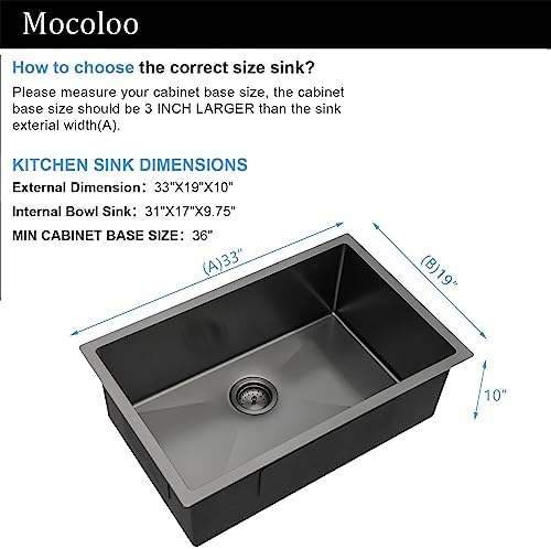 Mocoloo 33 Black Undermount Kitchen Sink 33x19 Gunmetal Black 16 Gauge Stainless Steel Deep Round Corner Under Counter Single Bowl Kitchen Sinks Handmade Basin - Image 4