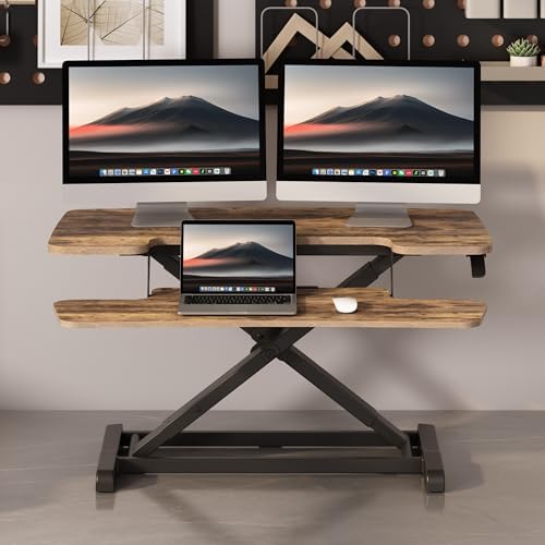 FLEXISPOT Standing Desk Converter 36" Desk Riser for Dual Monitor, Sit Stand Computer Workstation with Spacious Keyboard Tray, Ergonomic Height Adjustable Stand Up Desk Riser, Rustic Brown - Image 2