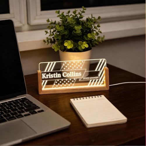 Personalized Light Up Acrylic Desk Name Plate - Custom Name Plate for Desk with Walnut Wood Base - Appreciation Office Gifts for Employees, Teacher, Social Worker (Banner) - Image 6