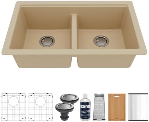 Karran 32.5" Bisque Quartz Composite Undermount Double Bowl Workstation Kitchen Sink, 50/50 Chef Prep Station with Cutting Board, Roll-Up Mat, Colander, Bottom Grids and Accessories – QUWS-880 by Karran