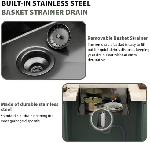 Mocoloo 26 Inch Gunmetal Black Undermount Kitchen Sink - 26" x 18" T304 Stainless Steel Handmade Single Bowl Round Corner Under Counter 9" Deep Basin - Image 7