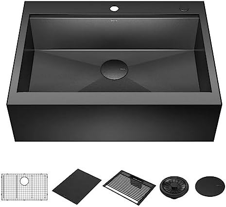 DELTA FAUCET Rivet 30 Inch Black Stainless Steel Retrofit Farmhouse Apron Front 16 Gauge Workstation Kitchen Sink/PVD Gunmetal Finish w/ Accessories for Top Mount Drop-In Installation,95D9031-T30S-GS by Unknown