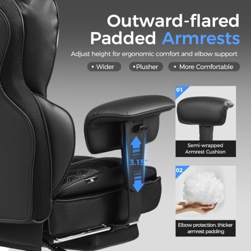 GTPLAYER Big and Tall Gaming Chair 400lbs Heavy Duty Office Chair with Footrest, High Back Pocket Spring Lumbar Support, Ergonomic Wide Comfy Seated Cushion for Lower Back Pain Relief, Carbon-Black - Image 6