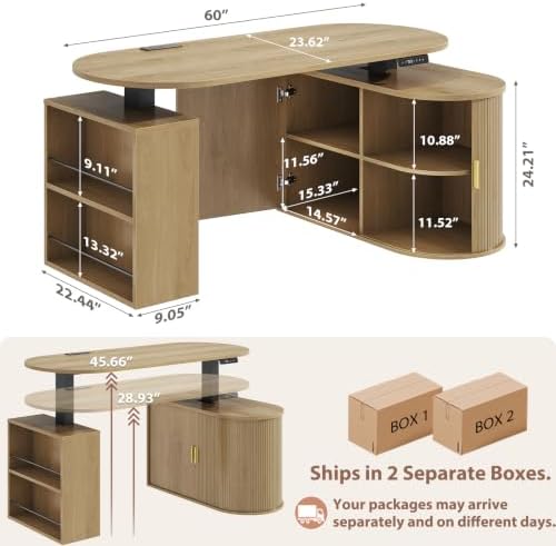 HSH Electric Standing Desk with Storage Cabinet Oak 60" Home Office Desks - Image 2