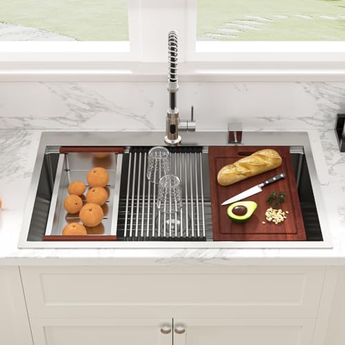 Sarlai 36 Inch Drop In Kitchen Sink - 36x22 Drop Kitchen Sink Ledge Workstation 16 Gauge Stainless Steel Sink Topmount Single Bowl Over Counter Kitchen Sinks Basin Round Corners - Image 2