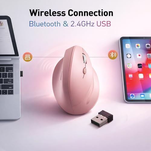 Wireless Ergonomic Mouse, Bluetooth and 2.4GHz USB-A Wireless Vertical Mouse, 800/1200/1600 Adjustable DPI, Quiet Clicks,6 Buttons, Compatible for Laptop/MacBook/PC/Desktop-Pink - Image 3