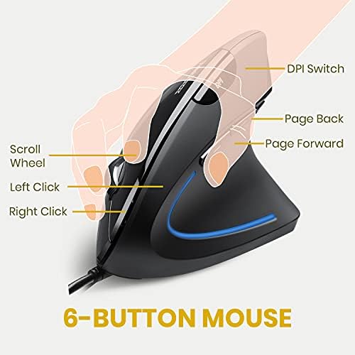 Perixx PERIMICE-513 Wired Ergonomic Vertical Mouse - 6 Buttons with 1000/1600/3200/6400 DPI - Right-Handed Design - Wired USB 5.9ft Cable - Black - Image 2