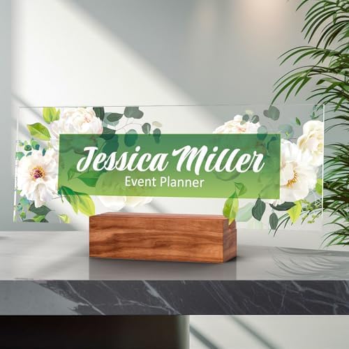 Personalized Acrylic Desk Name Plate with Walnut Wood Base by nyareka