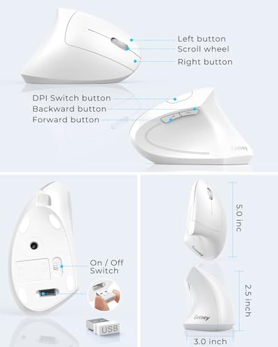 Lekvey Ergonomic Mouse, Rechargeable Vertical Wireless Mouse, White - Image 6