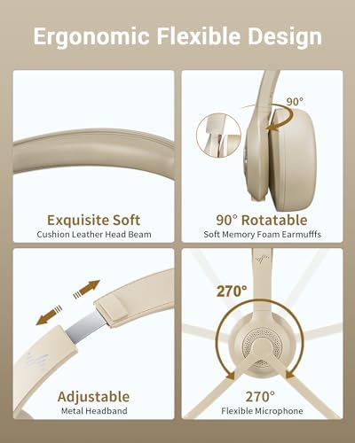 JIAMQISHI Bluetooth Wireless Headset with Mic for Work, Bluetooth 5.2, Advanced Noise Reduction Microphone, Clear Calls - Comfortable On-Ear Headphones, Applicable to PC, Laptop, Phone（Apricot） - Image 5