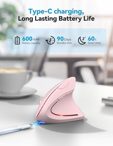 TECKNET Ergonomic Mouse Pink Rechargeable Vertical Wireless Mice Right Hand - Image 3