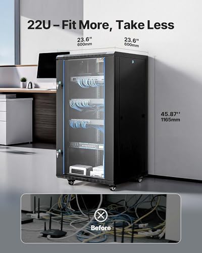 VEVOR 22U Network Cabinet Wall Mount, 23.6 in Depth, 300 lbs Max Load Capacity Server Cabinet Rack Enclosure with Locking Tempered Glass Door, Side Panels, Server Rack for IT Equipment, A/V Devices - Image 2
