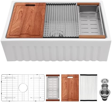 Lordear 33 White Farmhouse Sink Workstation Porcelain Farm Kitchen Sinks White Single Bowl Basin 33x20x10 Inch Large Bowl Sink by LORDEAR