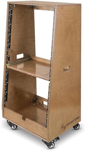 Sound Town DIY Slanted 20U Studio Rack (12U Top + 8U Lower), with 2U Bottom Storage, Slide-Out Tray, Caster, Plywood, Weathered Brown for Recording Room, Home Studio (SDRK-ST20TB) - Image 2