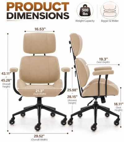 E-Motie Mid-Century Modern Desk Chair, Beige Ergonomic Leather Office Chair - Image 2