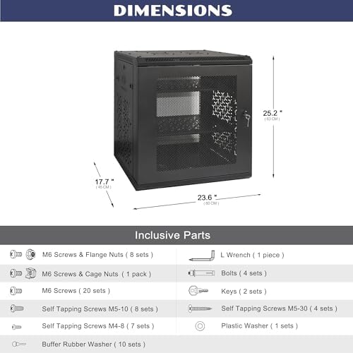 12U Wall Mount Server Cabinet with A Lockable Front Vented Door, Cooling Fans, Removable Side Panels - 45cm Depth, 19" Network Rack Including 2 PCS Full-Size Rack Shelves for IT Equipment - Image 2