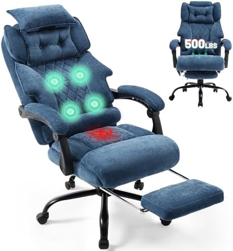 Office Chair with Foot Rest,3D Kneading Massage & Heat Executive Office Chairs for Heavy People,500LBS Big and Tall Office Chair,Ergonomic Reclining Desk Chair,Dual-Use Pillow,Home Office,BlueCloth by Unknown