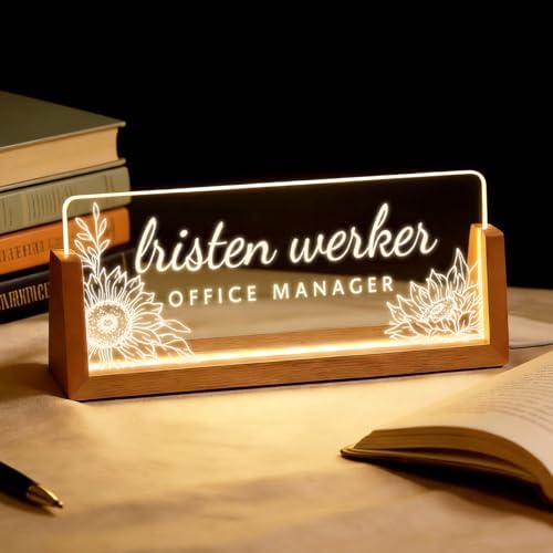 Personalized Light Up Acrylic Desk Name Plate - Custom Name Plate for Desk with Walnut Wood Base - Appreciation Office Gifts for Employees, Teacher, Social Worker (Sunflower-3) by Unknown