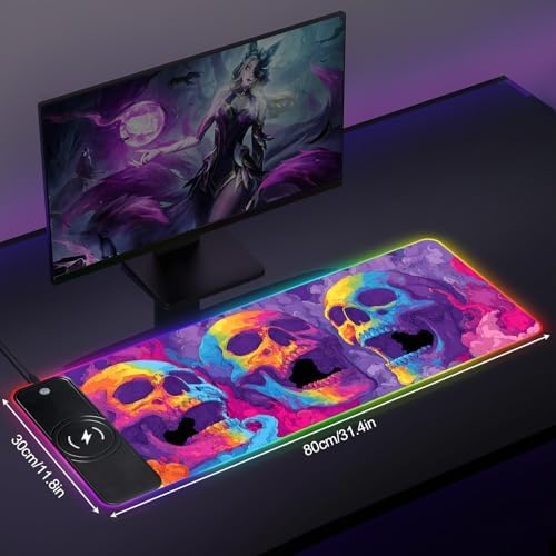 Wireless Charging RGB Gaming Mouse Pad, 31.5 x 11.8 Inch Extended Mouse Mat with Neon Skull Art Design, LED Desk Pad with 7 Lighting Modes, Non-Slip Base for Gaming & Office - Image 2