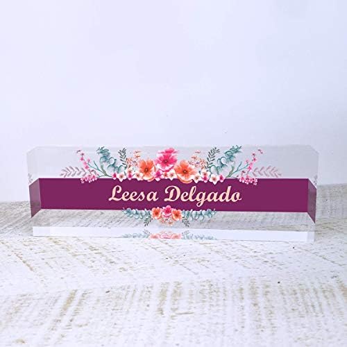 Artblox Office Desk Name Plate Personalized | Custom Name Plates for Desks | Wild Flowers Design On Clear Acrylic Glass | Office Desk Decor - (8" x 2.5") - Image 2