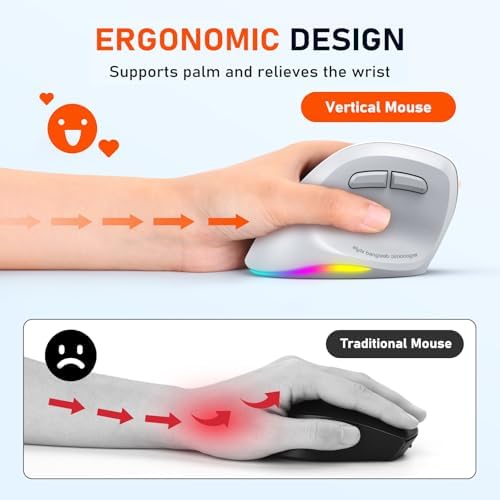MEETION Left-Handed Wireless Ergonomic Vertical Mouse, Rechargeable - Gray - Image 2