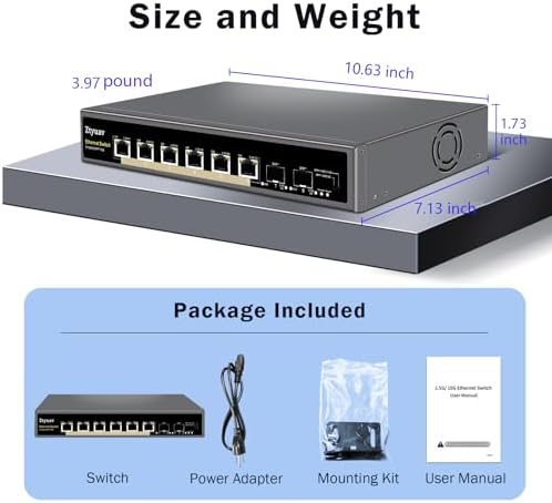 8 Port Unmanaged 10Gbe Ethernet Switch with 6 x 10Gb RJ-45 Ports, 2 x 10Gb SFP+ Ports, Ports Speed Auto-Negotiation-1000M/2.5G/10G, One-Key VLAN, Build in Cooling Fan & Metal Shell, Plug & Play - Image 6