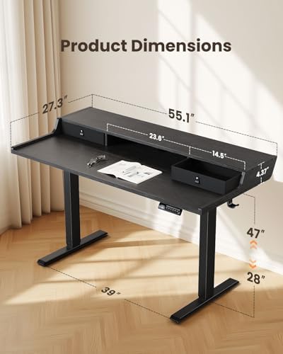 ErGear Electric Standing Desk with Drawers, 55″ x 28″ Gaming Table Compatible Monitor Stand, Stand up Desks, Home Office Height-Adjustable Desk with Storage Shelf, 4 Preset Heights, Black - Image 2