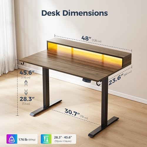 Klicelor Electric Standing Desk with Shelf, 48 Inch Height Adjustable Desk with Power Outlets & LED, Sit Stand Up Table with Monitor Stand, Computer Workstation for Home Office, Dark Walnut - Image 3