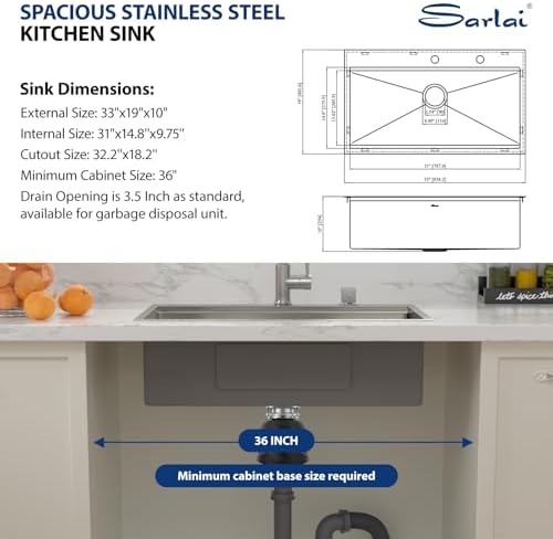 33 Drop In Kitchen Sink Workstation - Sarlai 33x19 Kitchen Sink Drop In Stainless Steel Workstation Sink 16 Gauge Single Bowl Deep Topmount Kitchen Sinks - Image 6