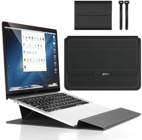 4 in 1 Ergonomic Workstation Set - Foldable Laptop Sleeve and Stand, Premium Leather Portable Computer Riser for 11-17 Inch Laptops, Waterproof Travel Organizer with Cooling Design (Black,15-15.6") by Krisuary