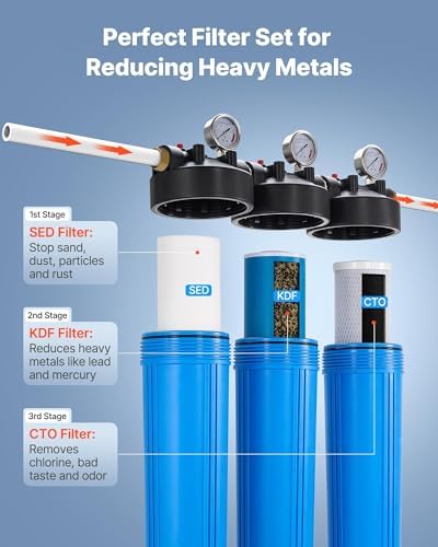 VEVOR Whole House Water Filter System, 3-Stage | Sediment, KDF, CTO | 4.5" x 20" Home Water Purifier Filter Reduce Heavy Metal, Lead, Mercury, Chlorine, Bad Taste, Odor, Rust - Image 3