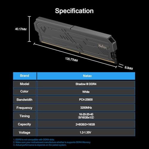 Netac DDR4 DRAM 16GB Kit (2x8GB) 3200MHz XMP 2.0 Dual Channel RAM CL16 (PC4-25600) 1.35V 288-Pin Upgraded Aluminum Heat Sink Ideal for Gaming Computer Upgrade - Shadow III Series Black - Image 7
