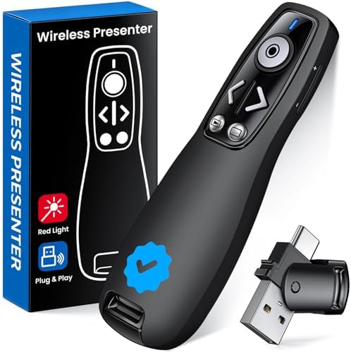 Wireless Presenter Clicker with Bluetooth & USB+Type-C Receiver, Red Laser Pointer, Powerpoint Clicker with Volume Control for PowerPoint/Keynote/Google Slides, Compatible with Laptop/Mac/PC/Android by Unknown