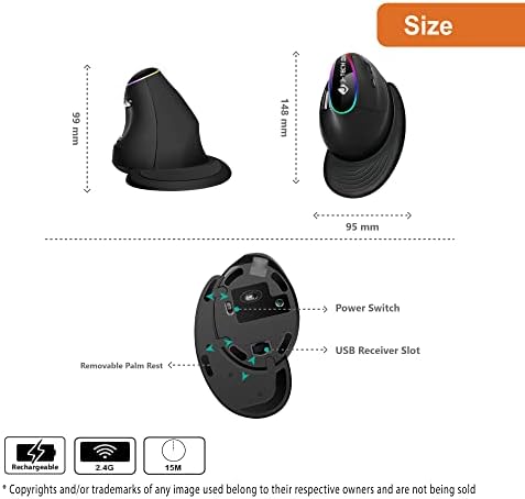 J-Tech Digital Ergonomic Mouse with Wireless Connection, Removable Palm Rest, Thumb Buttons, Rechargeable Battery, 800 DPI, Compatible with Windows and MAC OS - Image 3