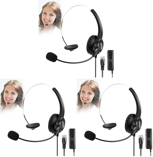 AGPTEK® Hands-Free Call Center Noise Cancelling Corded Monaural Headset Headphone for Desk Telephone with 4-Pin RJ9 Crystal Head (Pack of 3) by AGPTEK