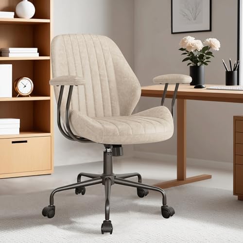 ovios Ergonomic Office Chair, Mid-Back Faux Suede Fabric Executive Chair with Padded Armrest, Mid-Century Modern Comfy Swivel Rolling Computer Desk Chairs, Beige by OVIOS