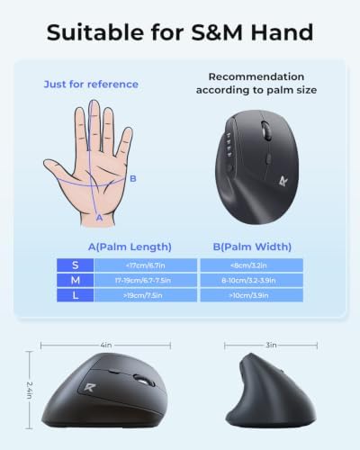Redragon Ergonomic Mouse, Bluetooth Rechargeable Wireless Vertical Mouse, 3 Multi-Device Connectivity for Computer/PC/Laptop, 500mAh Battery, 2.4GHz USB-A Optical Mice for Windows, Mac OS, Black - Image 7
