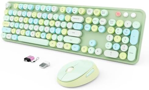 Wireless Keyboard and Mouse Combo, Ergonomic Full Size Typewriter Retro Round Keycaps Keyboard, Compatible with Windows, PC, Perfer for Home and Office Keyboards (Green by SkyGive