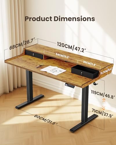 ErGear Electric Standing Desk with Drawers, 48″ x 24″ Gaming Table Compatible Monitor Stand, Stand up Desks, Home Office Height-Adjustable Desk with Storage Shelf, 4 Preset Heights, Vintage Brown - Image 3