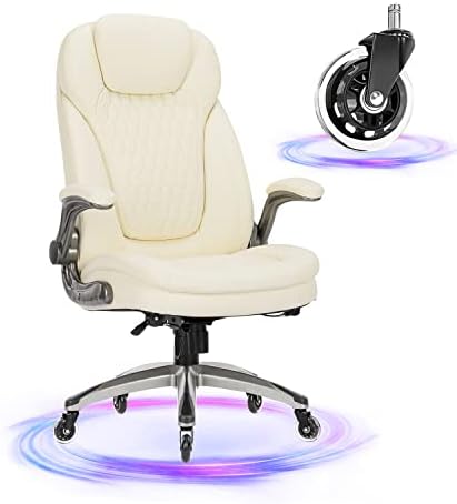 COLAMY Ivory Leather High Back Executive Office Chair, Ergonomic Desk Chair with Flip-up Arms, Thick Cushion, Silent Nylon Wheels, Adjustable Height & Rocking Function, 300lbs Capacity by COLAMYHOME