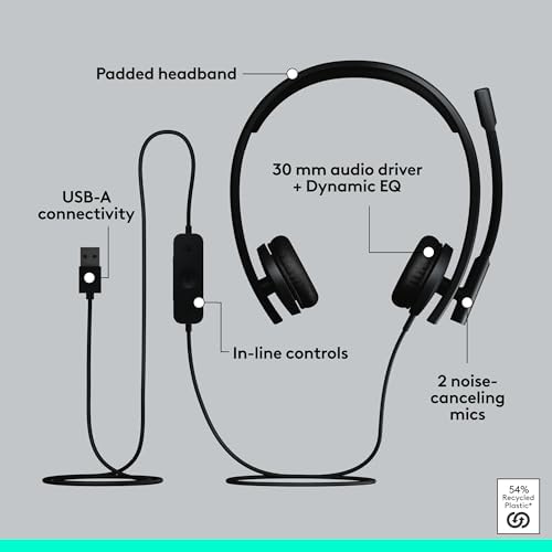 Logitech H570e USB-A Wired Headset with Microphone PC and Mac - Black - Image 6