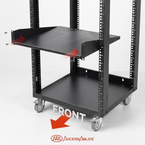 AxcessAbles 16U Open Frame Network & AV Rack with Caster Wheels, Two 2U Shelves, 10-32 & Cage Nut Compatible Rails, Cage Nuts, Screws, Cage Nut Tool & Wall Mount Kit | 19-Inch Equipment Rack - Image 2