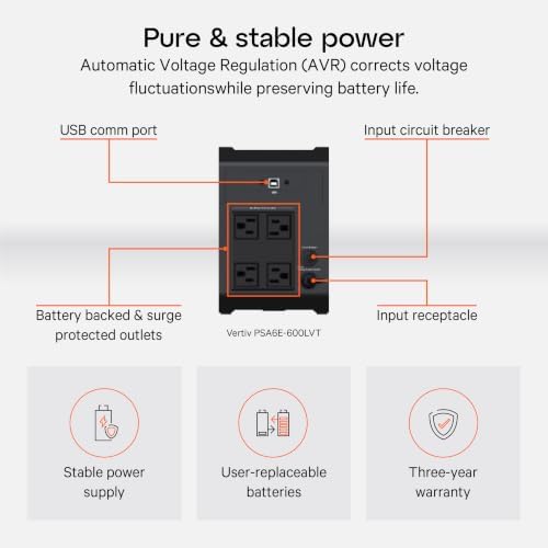 Vertiv PSA6E-600LVT 600VA & 360W PowerUPS 200 Essential 120V Line Interactive Desktop UPS - Image 4
