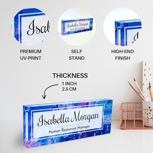 Customized Clear Acrylic Thick 8x3" Acrylic Black - Desk Name Plate Block with Personalized Logo - Professional Office Decor - Customized Acrylic Plate Gift for Teacher Co-workers (Indigo Dream) - Image 5