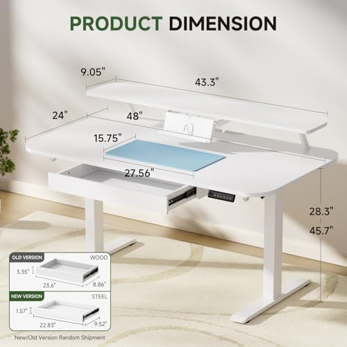 GTPLAYER Electric Standing Desk with Drawers, 48 x 24 Inches Height Adjustable Computer Desk with Monitor Stand, Laptop Stand, Sit Stand up Desk with Memory Preset for Home, Office, White - Image 2