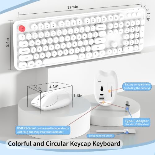 Wireless Keyboard Mouse, MOFII 104 Keys Cute Retro Typewriter White - Image 5