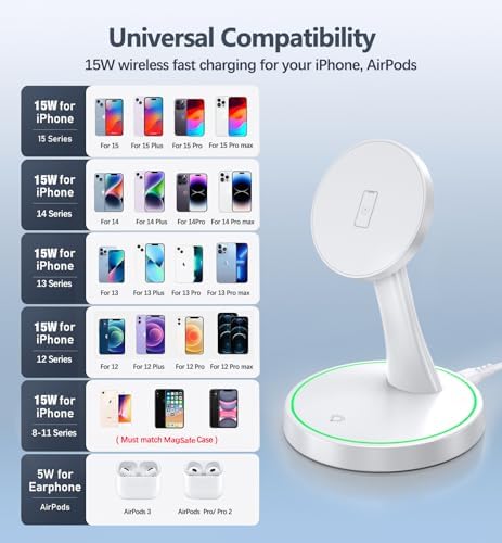 15W Magnetic Wireless Charger Stand for iPhone 18 Pro/18 Pro Max, iPhone 17/16/15/14/13/12 Series, Fast Magnetic Charging Station with LED Light for AirPods - Image 7