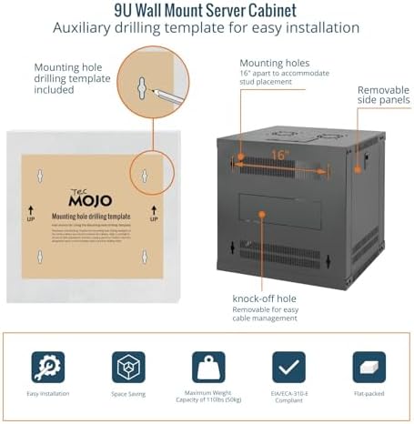 Tecmojo 9U Wall Mount Rack with Thermostat, 17.7inch Depth Enclosed Server Cabinet with 2 Cooling Fans,Lockable Door & Hardware,9U Rack for 19inch Equipments,Glass Door - Image 5